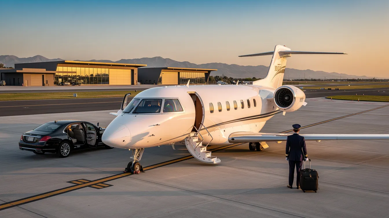 The image depicts a sleek private jet ready for takeoff at a regional airport, highlighting the luxury and convenience of private aviation. This scene emphasizes the spacious cabin and efficient design of modern private jets, appealing to aviation enthusiasts and those interested in private jet charter options.