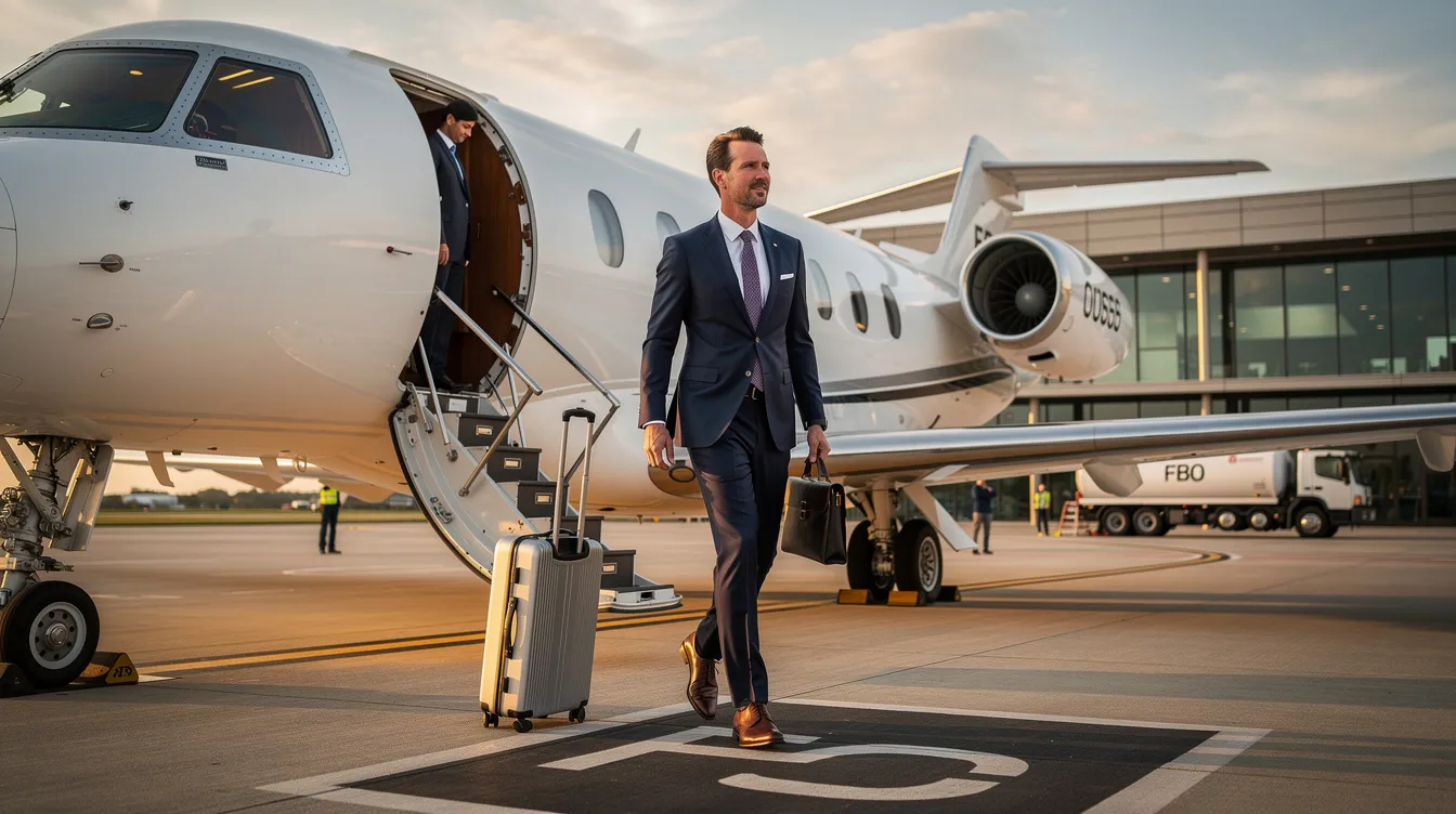 An executive is seen entering a private jet at an FBO ramp, showcasing the luxurious experience of private aviation. This scene highlights the convenience and comfort of private jet travel, often preferred by business professionals for its efficiency and personalized service.