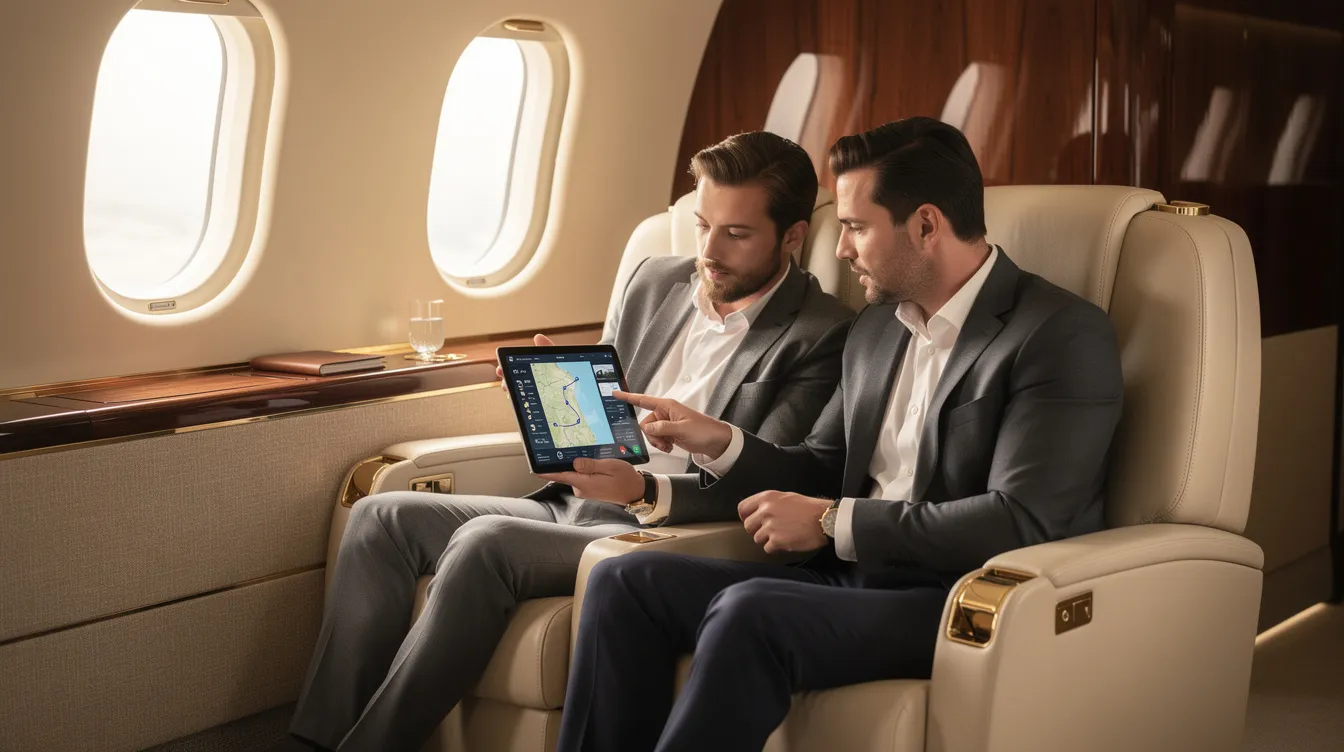 The image depicts a luxurious private jet cabin where two passengers are focused on a tablet, likely using flight tracking tools to access real-time updates and flight information for their private flight. The elegant interior highlights the exclusivity of private planes, providing an atmosphere of comfort and sophistication.