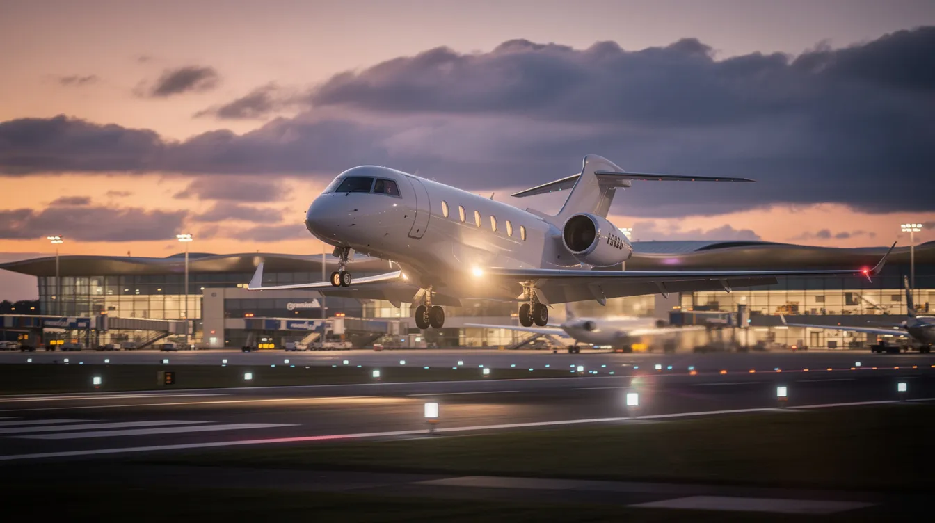 A private jet is seen approaching a modern airport runway at dusk, with the vibrant colors of the sunset reflecting on its sleek body. This image captures the essence of private flight, showcasing the aircraft as it prepares for landing, a moment that aviation enthusiasts can appreciate through real-time tracking and flight data.