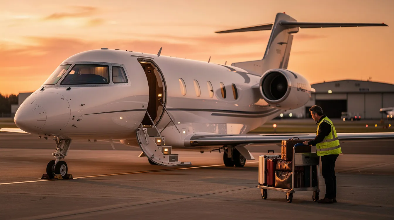 A private jet is parked on a quiet ramp at sunset, with luggage being loaded onto the aircraft. The scene captures the serene moment as travelers prepare for their journey, highlighting the comfort and convenience of flying in a private plane.