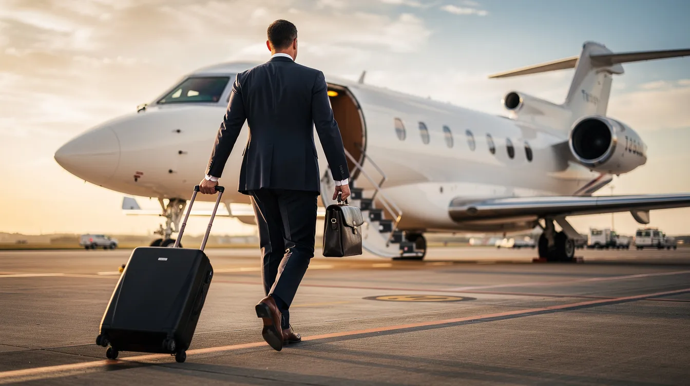 An executive traveler is walking confidently toward a sleek private jet on an airport ramp, showcasing the luxury and convenience of flying on certain aircraft models. The scene highlights the journey of travelers who prioritize comfort and efficiency in their flight experience.