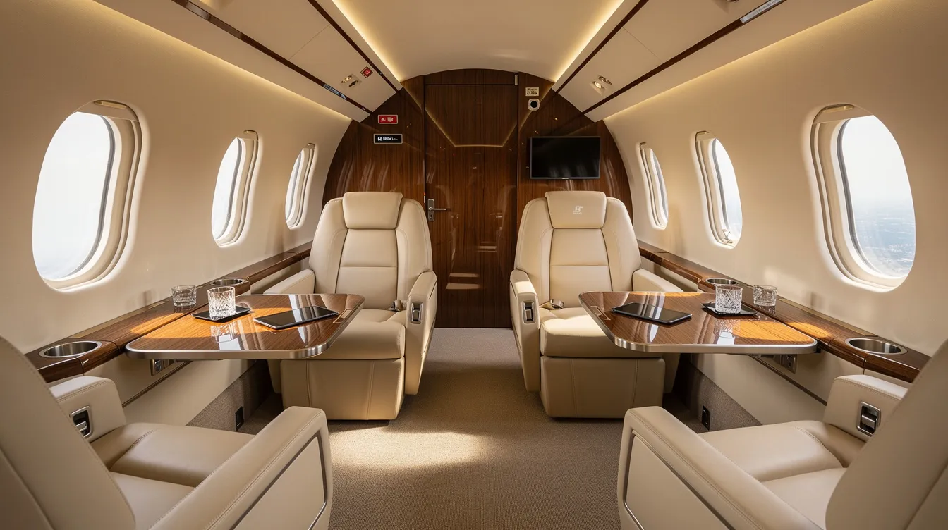 The image depicts a modern private jet cabin featuring club seating arranged for comfort, illuminated by soft natural light. This luxurious space is designed for travelers seeking a serene journey, highlighting the comfort and style of newer aircraft models.