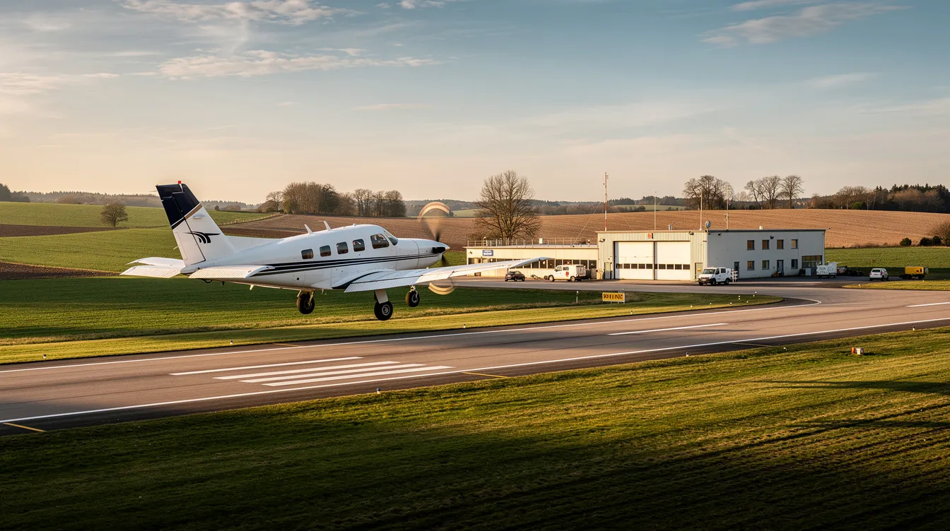 A small private aircraft is seen approaching a quiet regional airport, surrounded by expansive open landscapes. This scene highlights the appeal of private jet travel, showcasing the convenience of landing at smaller airports away from commercial flights.