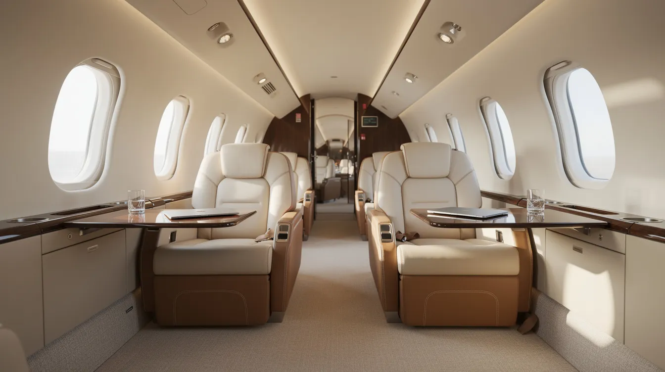 The image depicts a luxurious modern private jet cabin featuring plush leather seating and soft natural light streaming through oval windows, creating a serene atmosphere for private jet travel. This spacious cabin is ideal for both business and leisure travel, highlighting the comfort and elegance of private jet charter services.