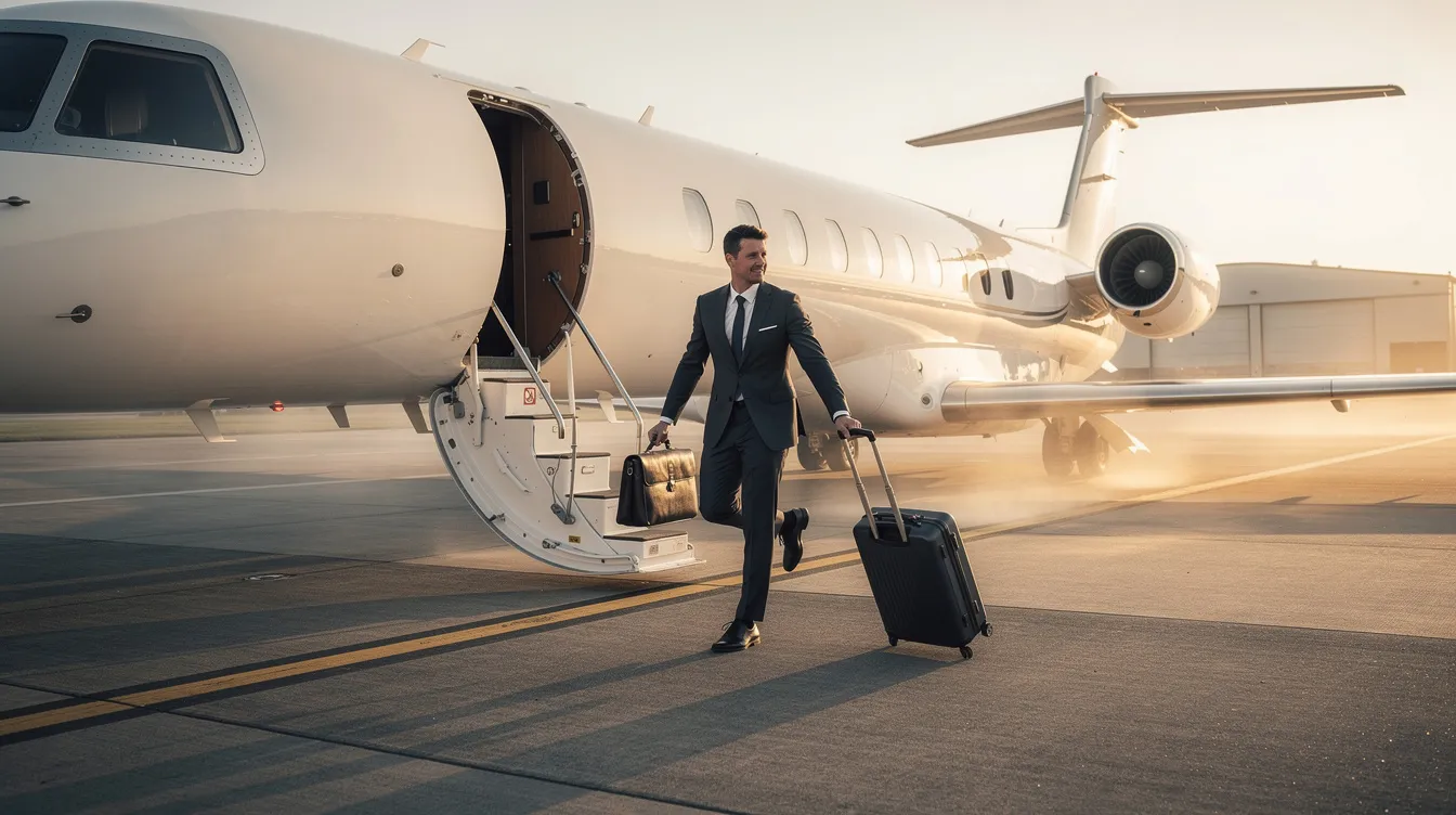 A business traveler is stepping off a private jet onto a quiet airport ramp, showcasing the ease and luxury of private jet travel. This image highlights the convenience of private jet charter services, emphasizing the exclusive experience of flying private.