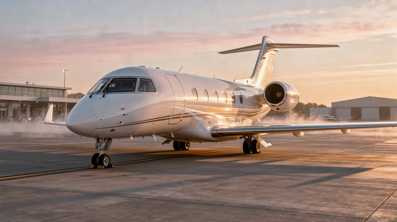 A sleek private jet is parked on a quiet executive airport ramp, bathed in the warm glow of sunrise, highlighting its elegant design. This scene captures the essence of private jet travel, showcasing the luxury and exclusivity associated with private jet charter services.