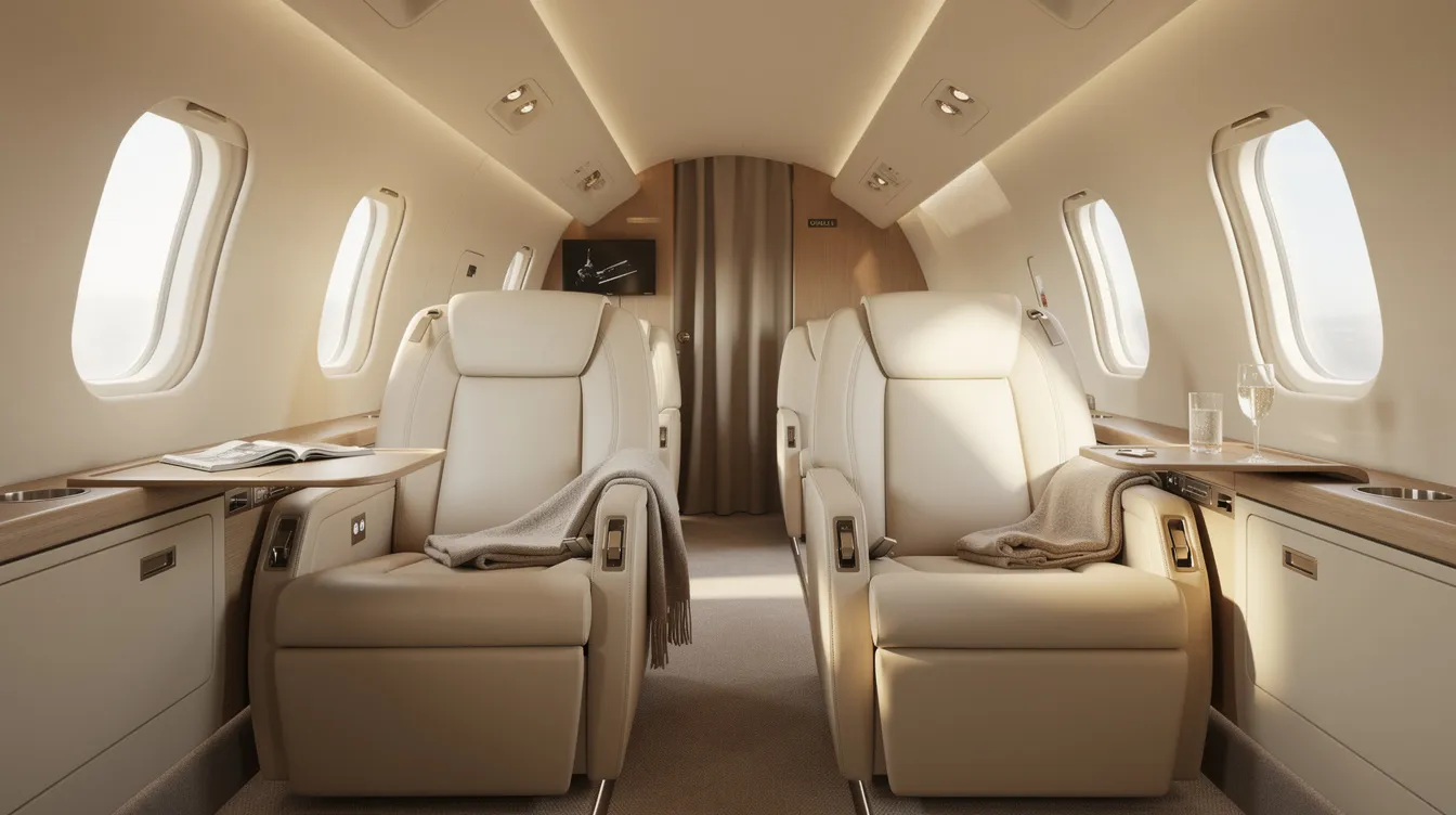 The image depicts a luxurious private jet cabin featuring plush leather seats bathed in soft natural light, ideal for both business and leisure travel. This inviting space exemplifies the comfort and elegance associated with private jet charter flights, making it perfect for those considering private jet rental.