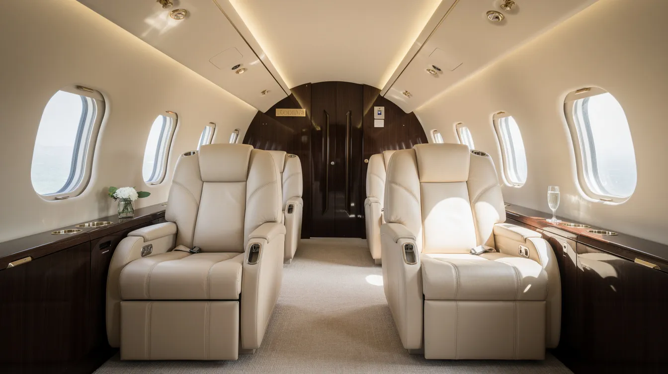 The image depicts a luxurious private jet cabin featuring plush leather seats and soft daylight streaming through oval windows, creating an atmosphere of unmatched comfort. This spacious interior is ideal for private jet travel, offering an elegant setting for relaxation during a charter flight.