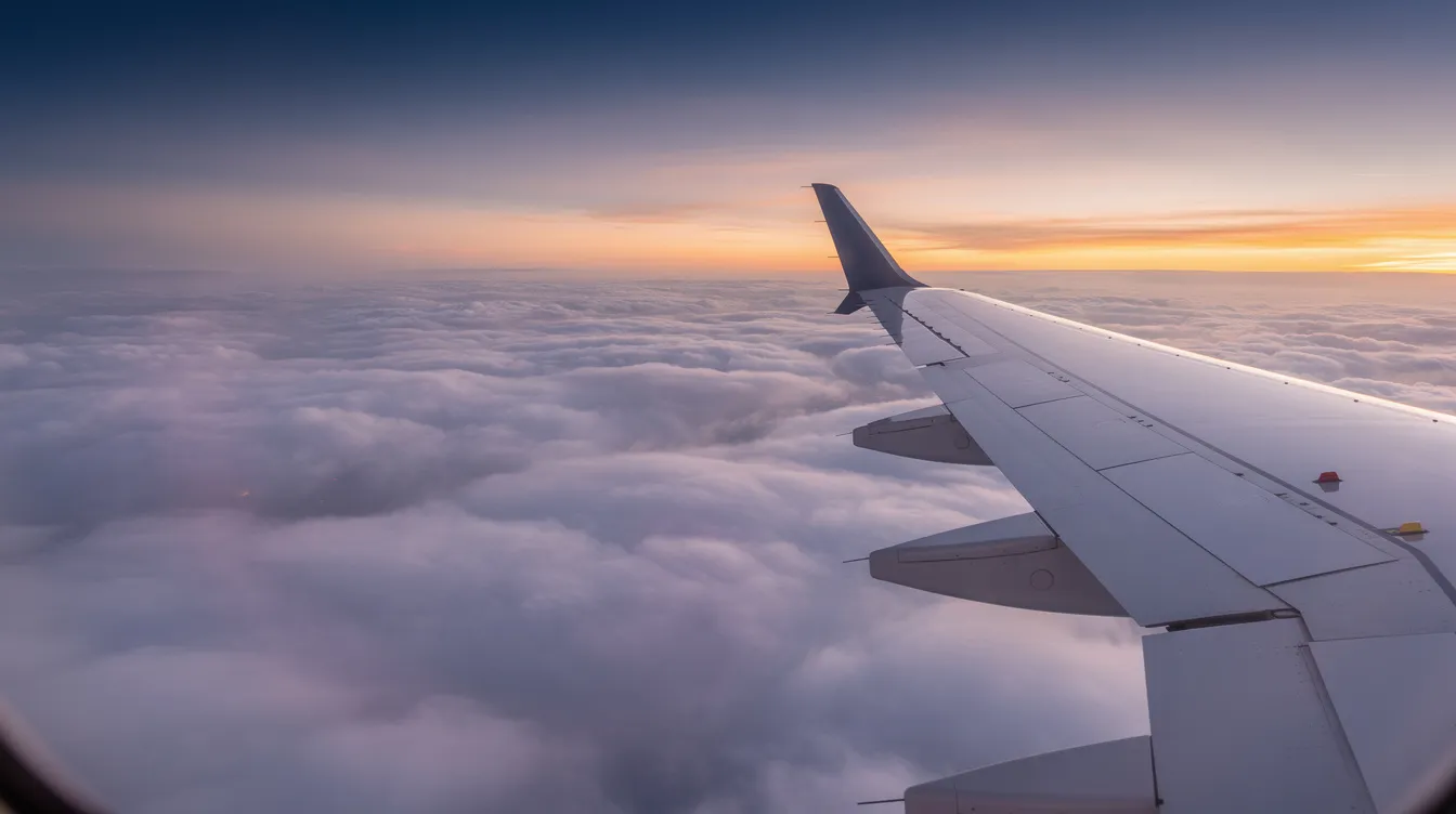 The image depicts the wing of a private jet soaring above a blanket of soft clouds during a serene sunset, showcasing the beauty of private aviation and the tranquility of private jet travel. The warm hues of the sunset contrast with the white clouds, creating a peaceful atmosphere for those flying private.
