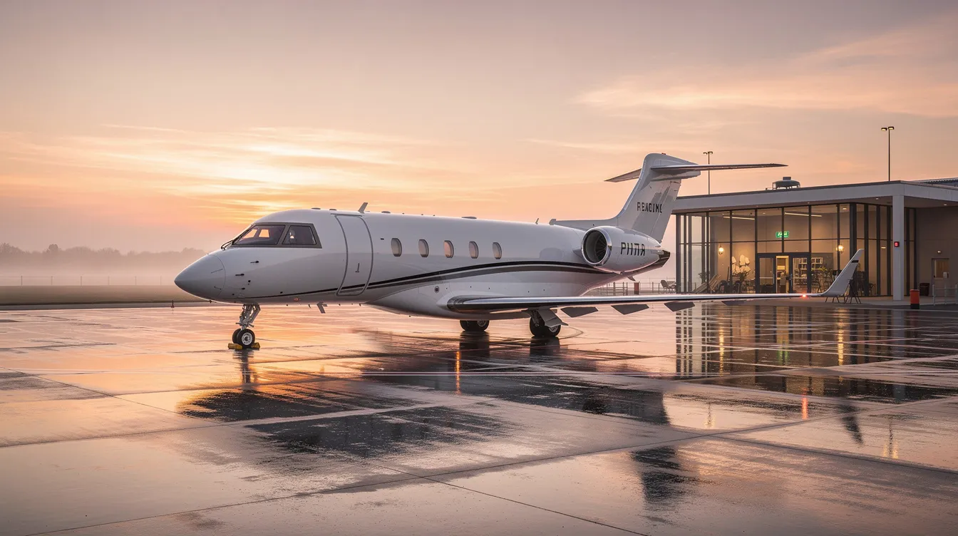 A sleek private jet is parked near a quiet private terminal, bathed in the warm glow of sunrise, highlighting the elegance of private aviation. This serene scene captures the essence of luxury travel, perfect for those considering private jet charter services for their next journey.