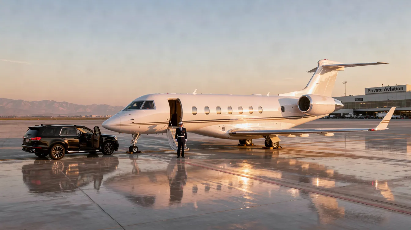 An image depicting a luxurious private jet parked at a sleek airport, showcasing its spacious cabin and modern design, ideal for private jet travelers heading to New York. The scene emphasizes the convenience of private aviation, highlighting charter flights that offer quick access to major airports like Kennedy International and Teterboro.