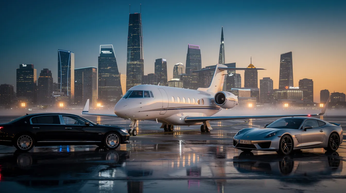 A private jet is parked near a sleek city skyline at dusk, with luxury vehicles positioned nearby, highlighting the allure of private jet travel in New York City. The scene captures the essence of private aviation, showcasing the convenience and elegance of private jet charter flights amidst the vibrant backdrop of the city.