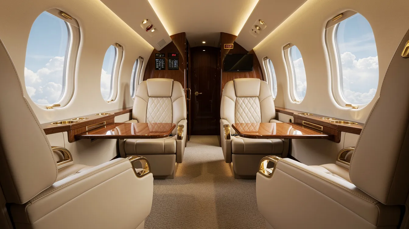 The image depicts a luxurious private jet cabin featuring plush leather seats and large oval windows, creating an inviting atmosphere for discerning travelers. This elegant space exemplifies the comfort and exclusivity associated with private aviation and luxury air travel.