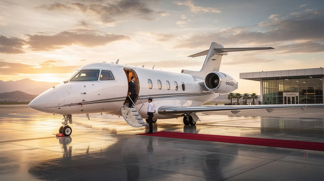 The image depicts a luxurious private jet parked on a tarmac, showcasing the elegance of private aviation. This executive jet is part of a diverse fleet offered by NetJets, catering to discerning travelers seeking premium air travel and fractional aircraft ownership options.