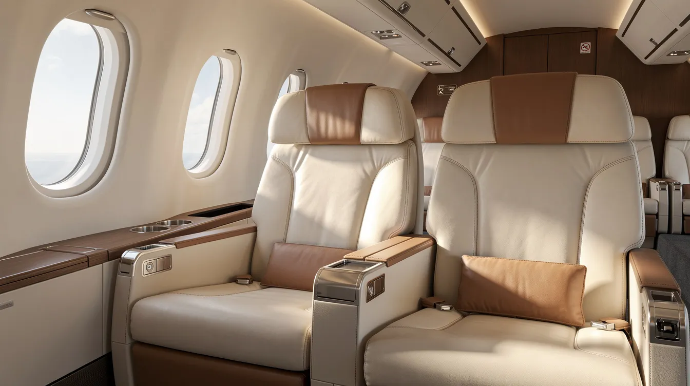 The image depicts an elegant aircraft cabin featuring wide leather seats bathed in soft natural light, creating a luxurious atmosphere ideal for private jet charter clients. This inviting space exemplifies the comfort and sophistication that private jet brokers aim to provide for a seamless journey.