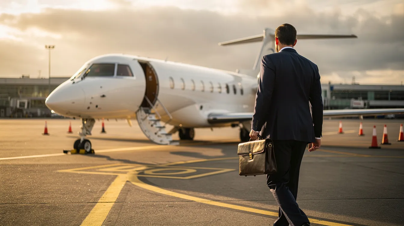 A business traveler in a suit walks confidently toward a private jet parked on the airport apron, embodying the luxury and convenience of the private jet charter industry. This scene highlights the seamless journey that private jet brokers facilitate for their clients, ensuring a smooth transition from ground to air travel.