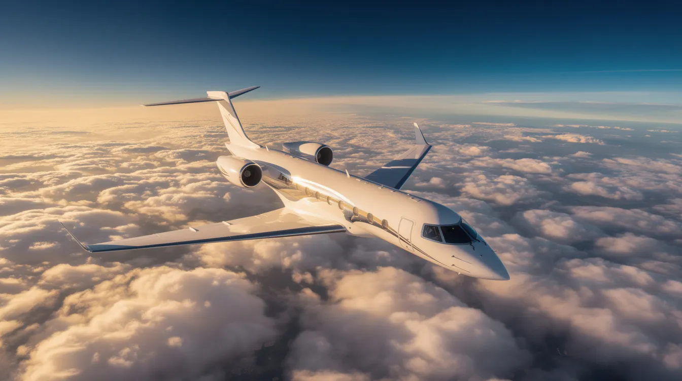 An ultra-long-range private jet ascends above the clouds, showcasing its impressive aerodynamic design and powerful jet engine. This high-performance aircraft is equipped with modern avionics, making it a formidable contender in business travel and family trips alike.