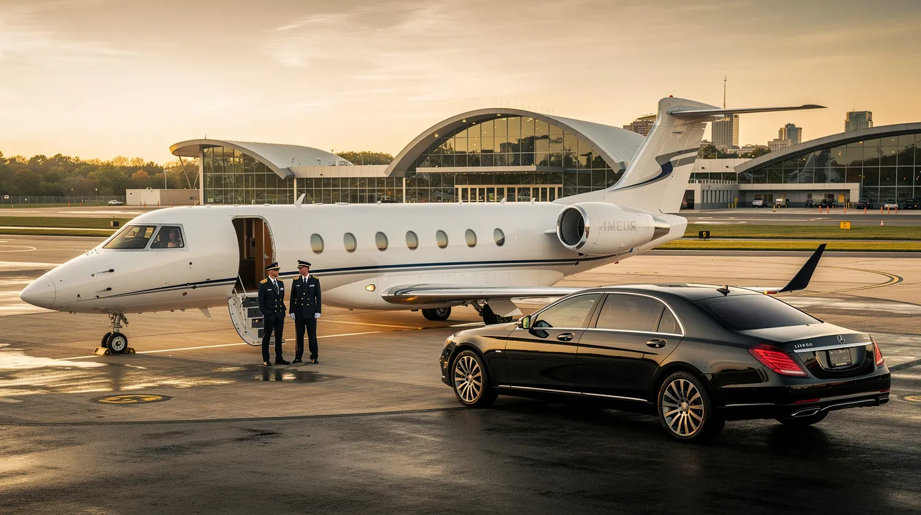 A private jet is parked at the executive terminal of Cincinnati Municipal Lunken Airport, accompanied by a luxury vehicle ready for ground transportation. The scene emphasizes the convenience and exclusivity of private jet charters for both business and leisure travel, with pilots waiting nearby.