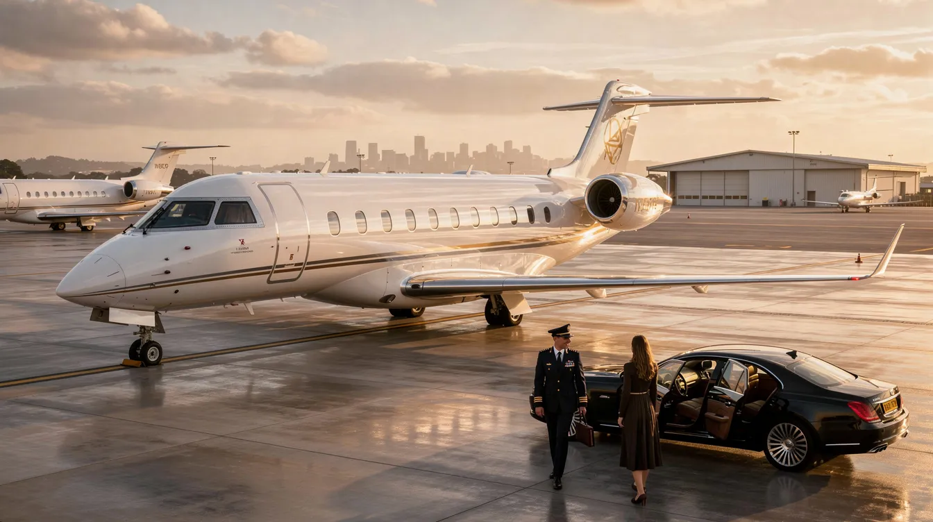 The image depicts a sleek private jet parked at Cincinnati Municipal Lunken Airport, showcasing the convenience of private jet charter services for business and leisure travelers. With three runways and a focus on safety and privacy, Lunken Field Airport serves as a key hub for clients seeking efficient travel to popular destinations.
