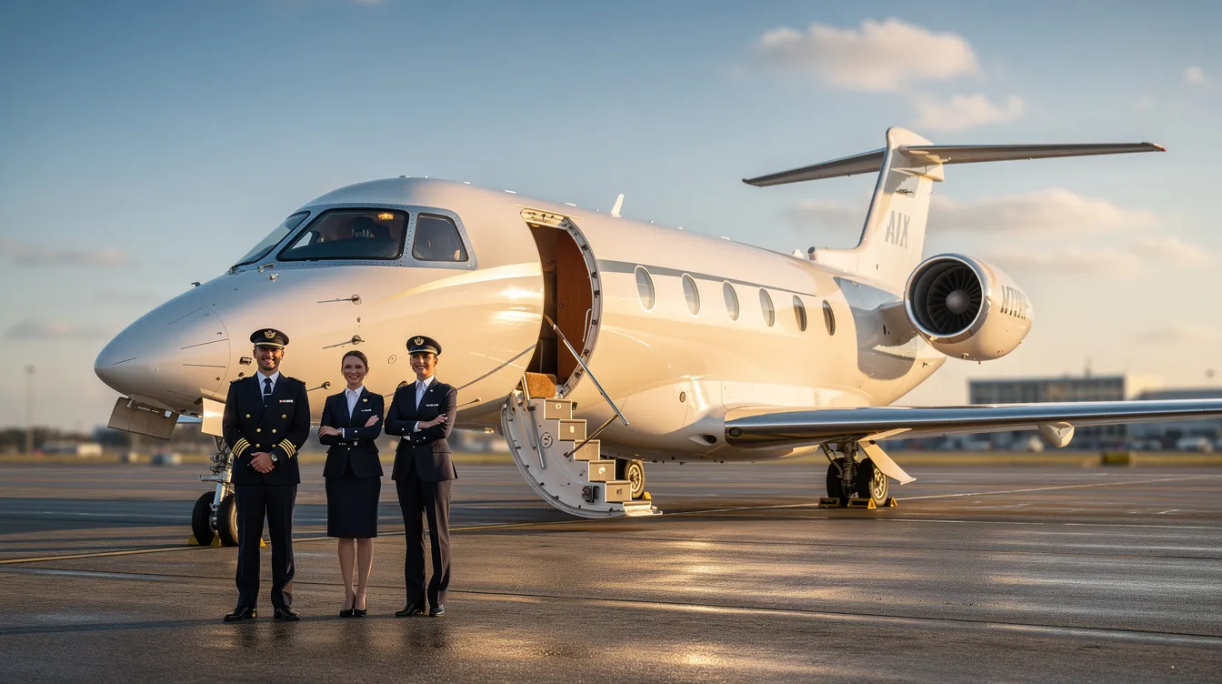 A sleek private jet is parked on the tarmac, with a professional crew and pilots waiting nearby, ready to assist passengers for their upcoming private flights. This image showcases the luxury and convenience of charter airlines, emphasizing the tailored services available for travelers.