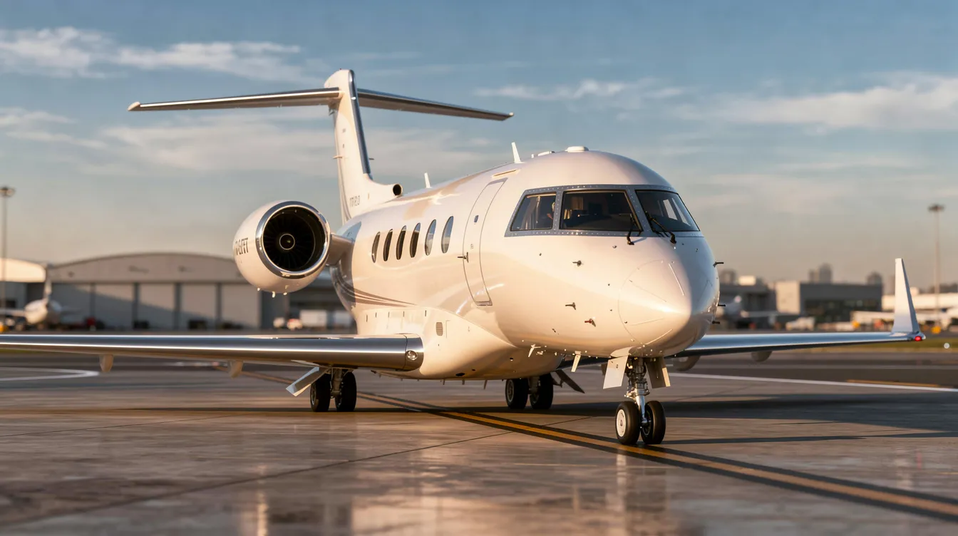 A sleek private jet is parked on the tarmac, showcasing its luxurious design and spacious cabin, ideal for travelers seeking comfort and convenience. This private charter aircraft represents a smarter way to fly, catering to the needs of clients looking for tailored charter services and on-demand flights.
