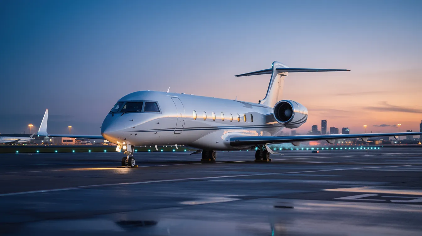 An ultra long range private jet is parked on an airport ramp at dusk, with the fading light casting a warm glow on its sleek exterior. This luxury aircraft, ideal for private jet travel, is ready for travelers embarking on journeys from popular airports like Narita International Airport to Las Vegas.