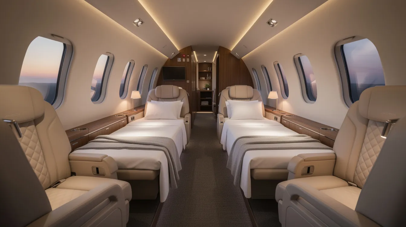 The image depicts a luxurious private jet cabin featuring lie-flat seats bathed in soft evening lighting, creating a serene atmosphere for travelers. This elegant space is ideal for private jet travel, ensuring comfort and relaxation on journeys such as a flight from Tokyo to Las Vegas.