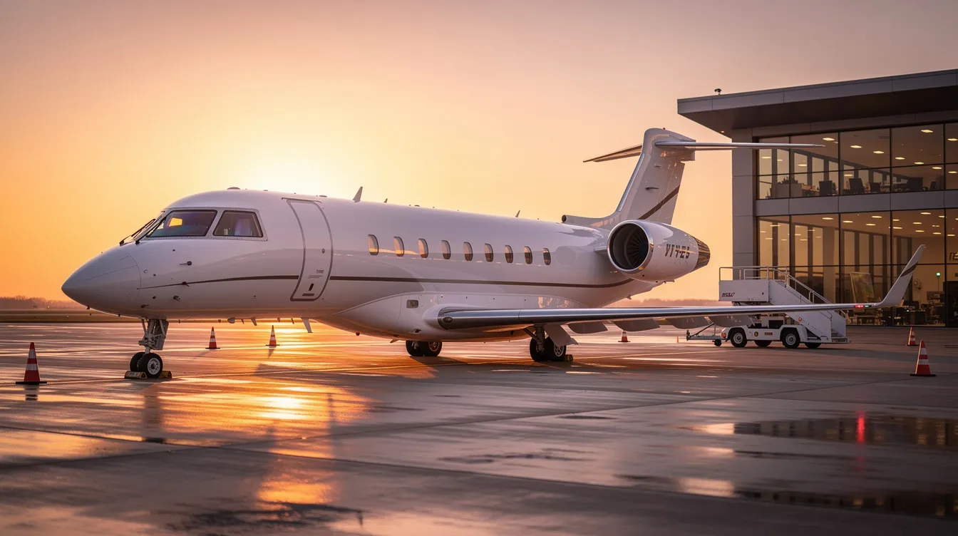 A sleek private jet, specifically a Gulfstream IV, is parked at a quiet private terminal during sunrise, showcasing the essence of luxury travel. This scene highlights the world-class comfort and convenience offered by private jet charters, redefining private luxury charter experiences for travelers.