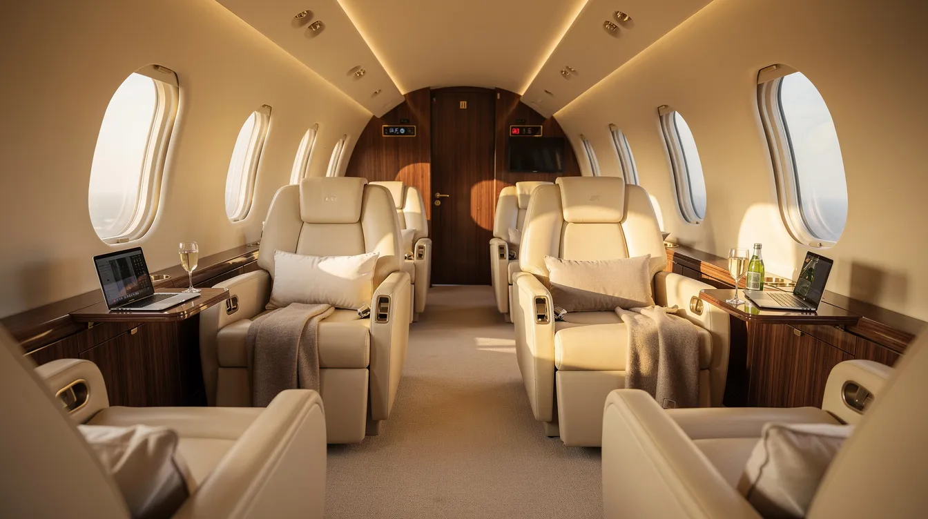 The image features a spacious private jet cabin, showcasing luxurious reclining seats bathed in warm natural light, embodying the essence of private luxury charter. This environment reflects world-class comfort and elegance, perfect for travelers seeking an unparalleled aviation experience.