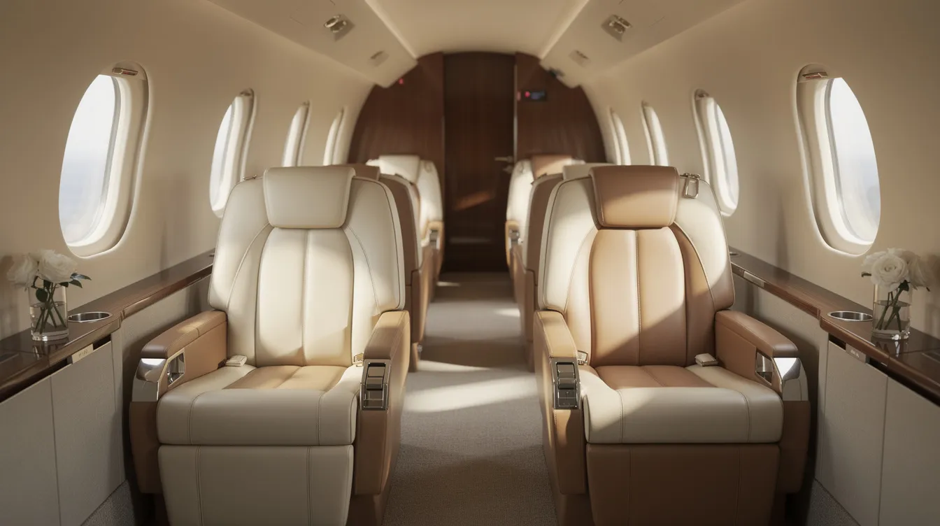 The image depicts an elegant private jet cabin featuring plush leather seats bathed in soft natural light, creating a luxurious and inviting atmosphere for a seamless travel experience. This sophisticated setting is designed for comfort and style, reflecting the high standards of private aviation and air charter services.