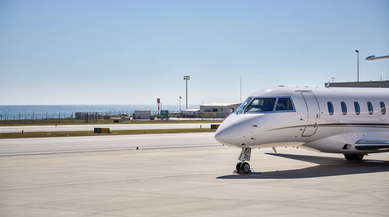 A sleek private jet is parked at a coastal airport, with a clear blue sky and the ocean visible in the distance, symbolizing luxury and seamless travel experiences in private aviation. This image represents the convenience and comfort offered by global air charters for clients seeking a perfect aircraft for their journey.