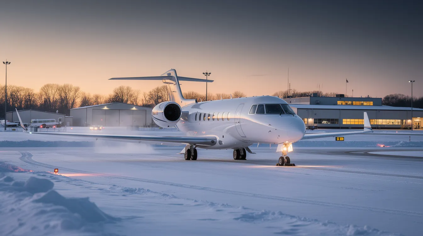 A private jet is parked on a snowy ramp at Grosse Ile Municipal Airport in Michigan during dusk, with a serene winter atmosphere surrounding the aircraft. The scene captures the tranquility of the Detroit area as the day transitions into night, highlighting the luxury of private jet services in the Motor City.