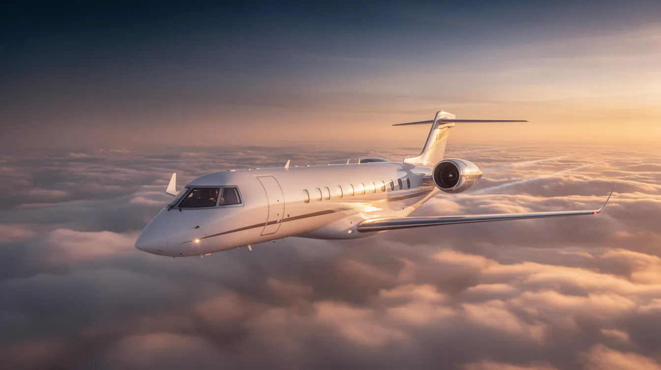 The image depicts a sleek private jet parked on the tarmac of Grosse Ile Municipal Airport, with the Detroit River glistening in the background. This luxury aircraft represents the convenience of private jet services in the Detroit area, ideal for business trips to destinations like Miami.
