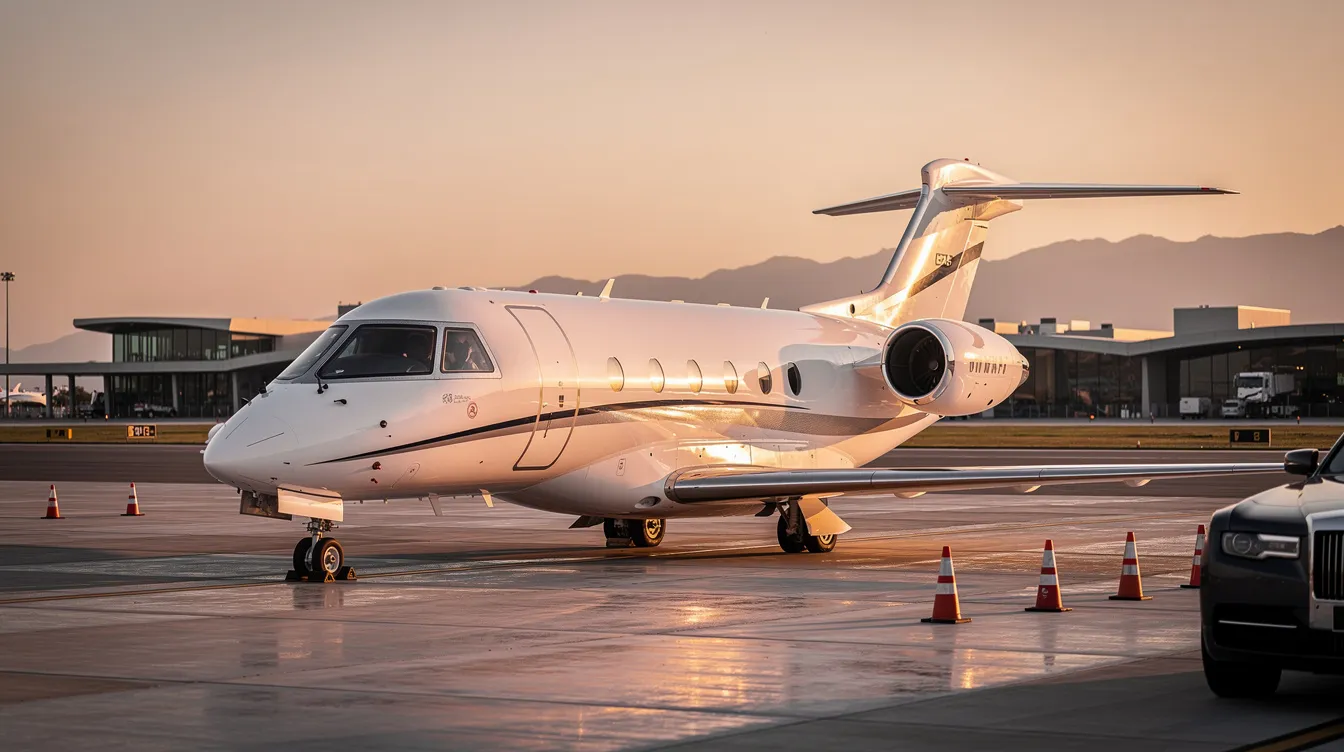 The image showcases a luxurious private jet featuring spacious cabins with modern interiors, including a private master bedroom and a fully equipped galley. This flying palace epitomizes the ultimate in private aviation, designed for comfort and elegance during long haul flights.