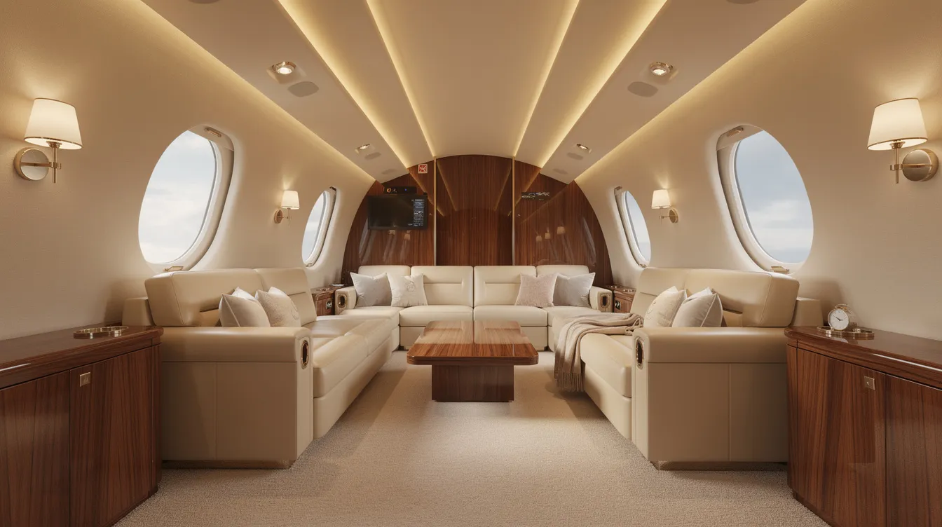 The image depicts a luxurious private jet cabin featuring comfortable lounge seating, warm ambient lighting, and large windows that provide a stunning view. This spacious cabin space embodies the elegance and sophistication associated with the world's most luxurious private jets, making it an ideal setting for relaxation and entertainment during flights.
