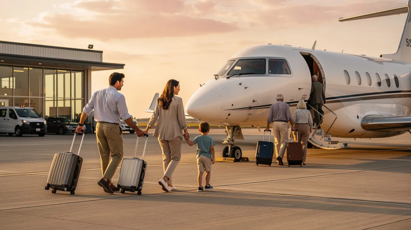 A family is boarding a luxury private jet at a quiet airport terminal, preparing for an exceptional flying experience. The spacious cabin of the aircraft reflects personalized luxury and comfort, showcasing unique interiors designed to accommodate their travel needs.