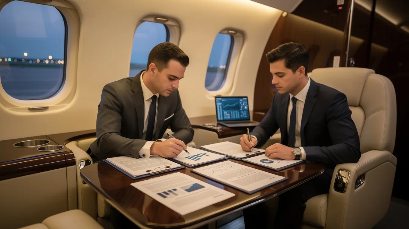 Inside a spacious cabin of a luxury private jet, business travelers are quietly reviewing documents, surrounded by elegant interior design that reflects their personal style. The Bombardier Global Express offers exceptional comfort and advanced connectivity, enhancing their overall travel experience.