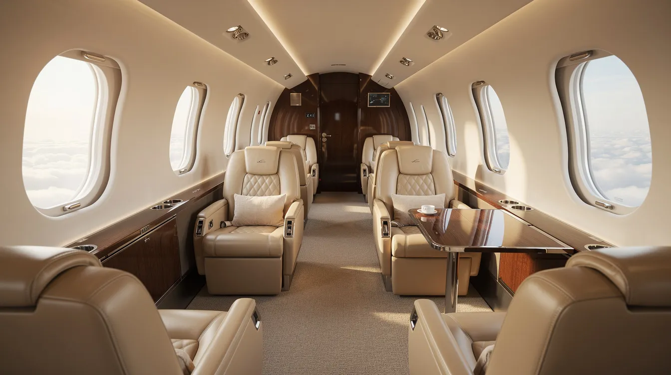The image depicts a luxurious private jet cabin featuring plush leather seats and large windows that provide a panoramic view. This comfortable space is ideal for private travel, offering a serene environment for passengers flying to destinations like Indianapolis or attending business events.