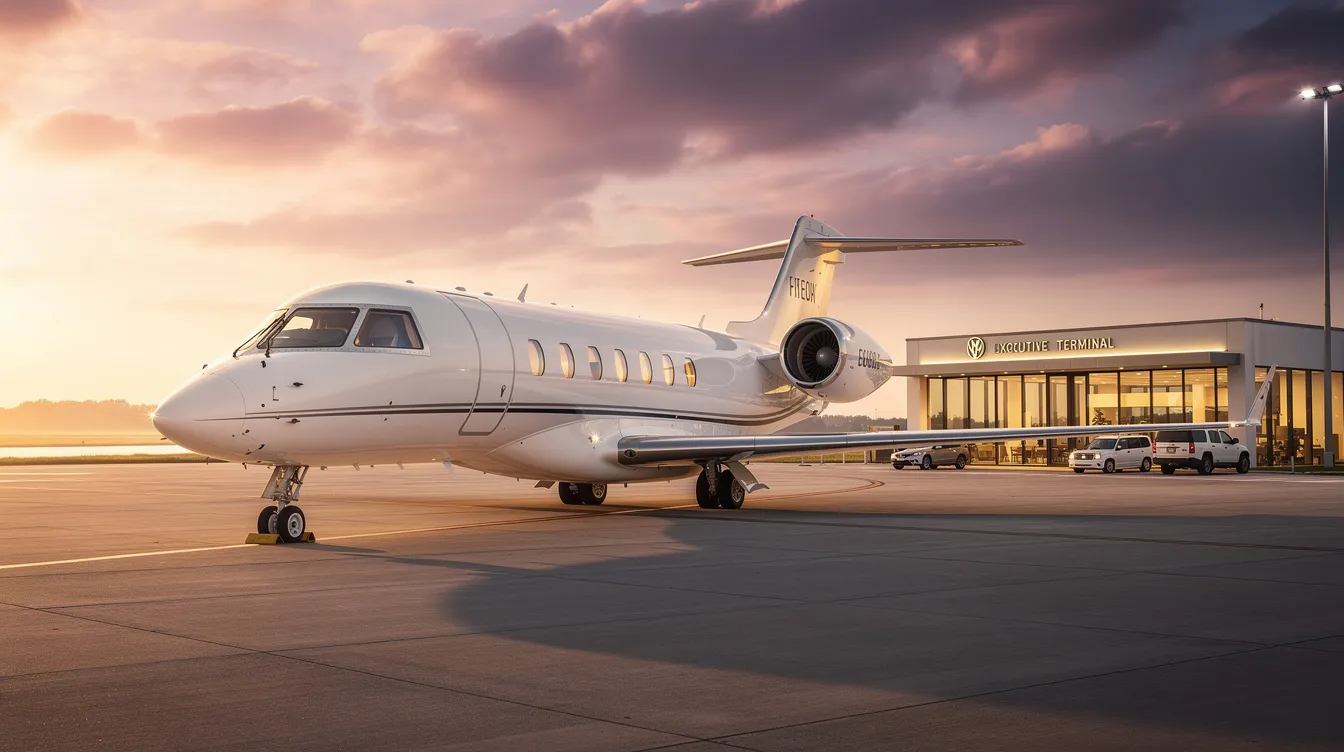 A private jet is parked near a quiet executive terminal at sunset, casting a warm glow over the Indianapolis International Airport. The serene atmosphere highlights the luxury of private travel, ideal for business events or leisure trips to downtown Indianapolis.