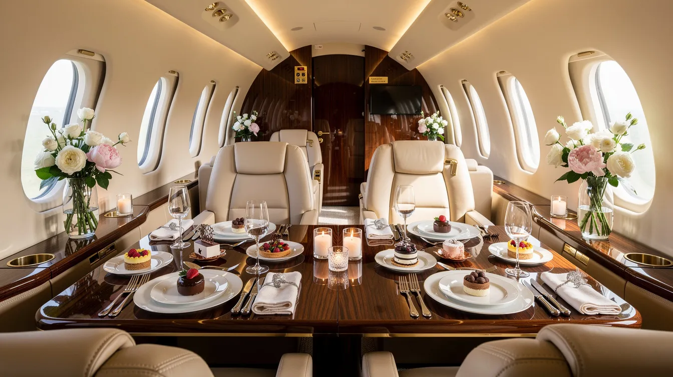 The image depicts an elegant private jet cabin beautifully arranged for a celebration, featuring vibrant floral arrangements and exquisitely plated desserts on silver trays. This luxurious inflight dining experience showcases the attention to detail and high-quality service expected from private jet catering services, ensuring a memorable journey for guests.
