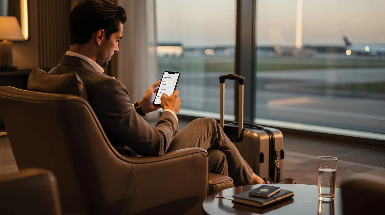 A traveler is seated in a refined lounge, reviewing private flight details on their mobile phone, surrounded by elegant decor. The scene suggests a focus on the in-flight dining experience, emphasizing the importance of customized menus and gourmet meals that can accommodate dietary restrictions for their upcoming private jet journey.