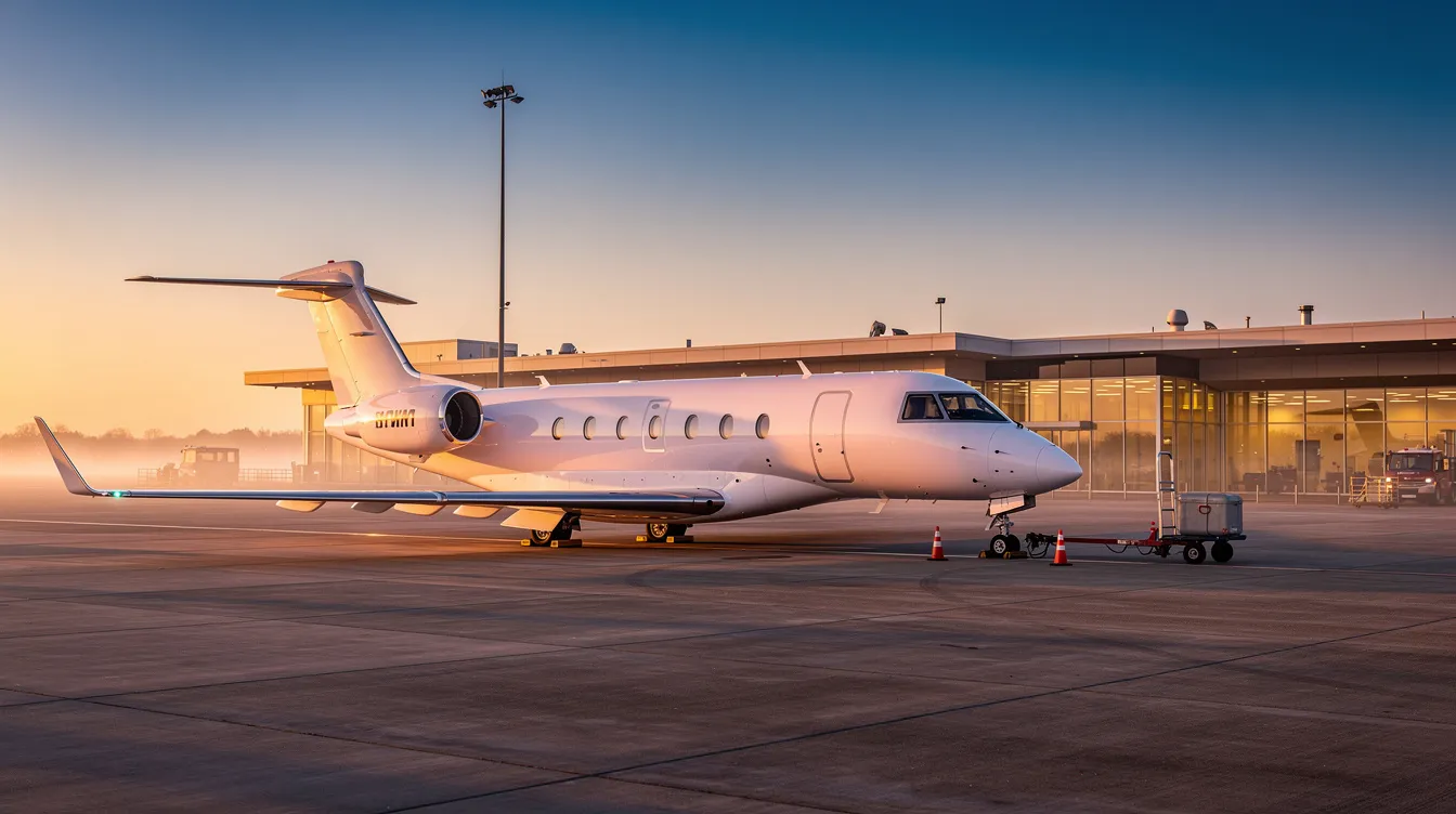 A private jet is parked near a quiet executive terminal, bathed in the warm glow of sunrise. This scene captures the essence of private aviation, showcasing the luxury and tranquility of air transportation services.