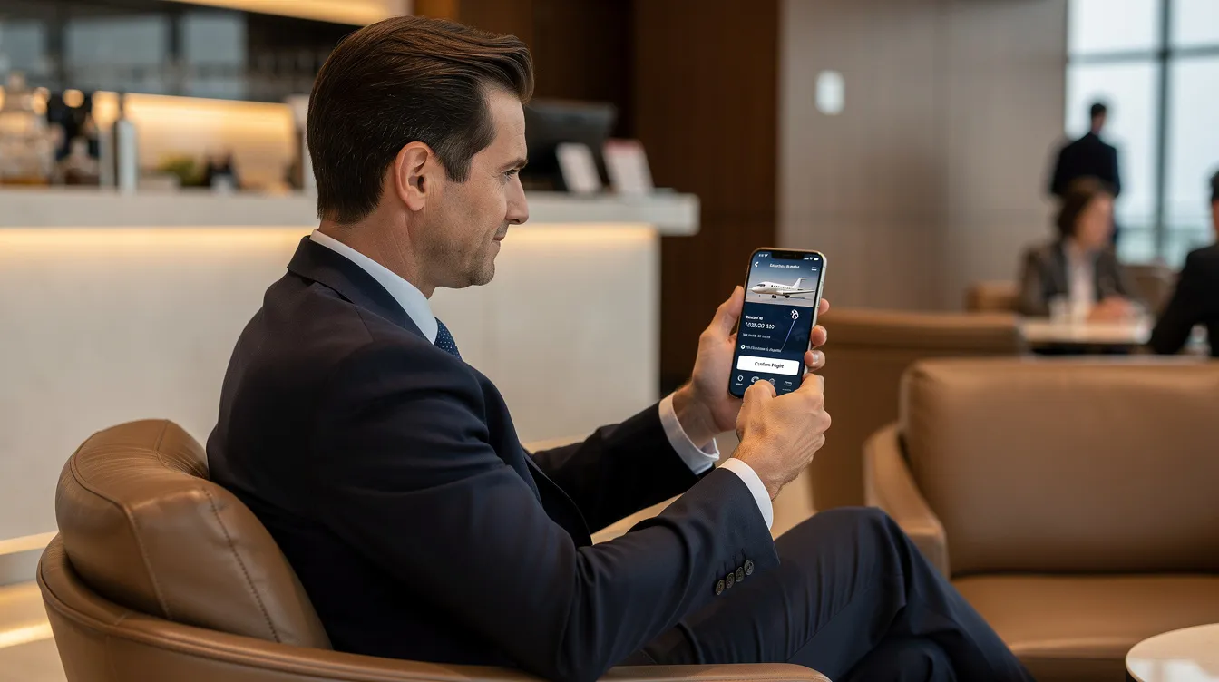 An executive is seated in a quiet lounge, reviewing a private jet booking on a mobile device, showcasing the convenience of air transportation services. The scene emphasizes the importance of private flying and the role of air carriers in arranging such flights.