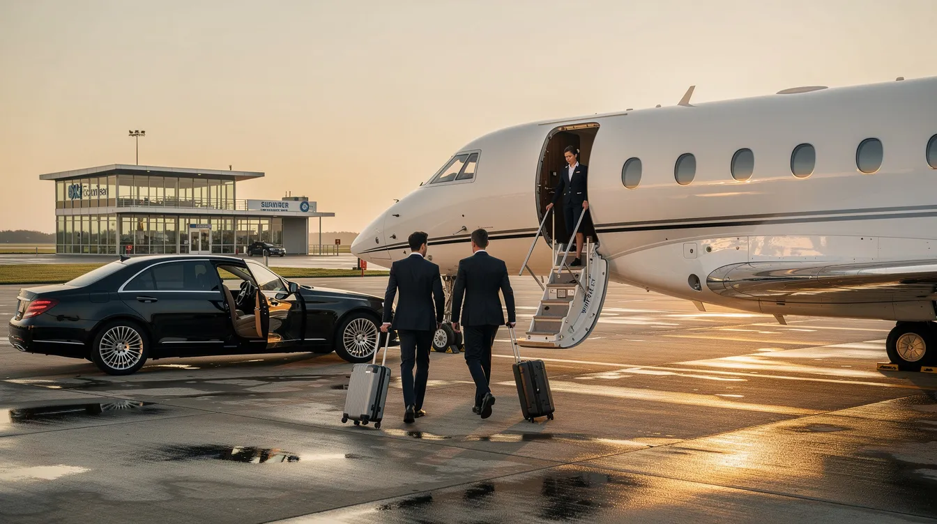 A group of executive passengers is boarding a sleek private jet near a quiet terminal, showcasing the luxury and efficiency of modern air travel. The aircraft, designed for comfort and performance, is ready to take them to their destination.