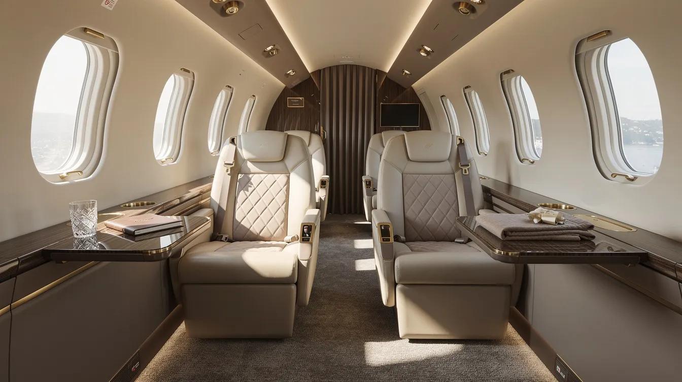 The image depicts a luxurious private jet cabin featuring individual plush seats arranged for comfort, with soft natural lighting enhancing the elegant interior. This sophisticated space is designed for passengers seeking an exceptional flying experience.