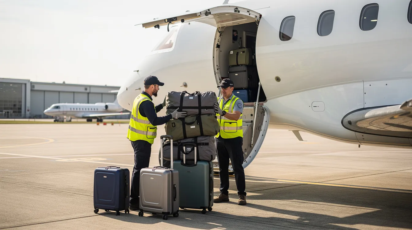 A ground crew member is loading soft-sided luggage into the hold of a private aircraft, ensuring efficient use of the private jet's luggage capacity for the upcoming flight. This process highlights the convenience and flexibility of private aviation for travelers compared to commercial flights.