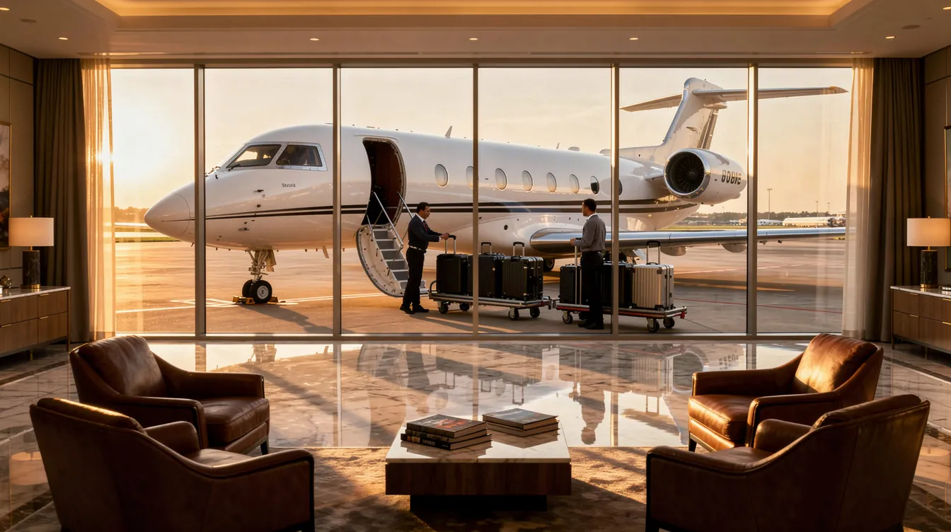 The image depicts a private aviation lounge where luggage is being efficiently handled next to a sleek private jet. This setting illustrates the convenience and unparalleled service available to private jet passengers, highlighting the ease of managing baggage compared to commercial flights.