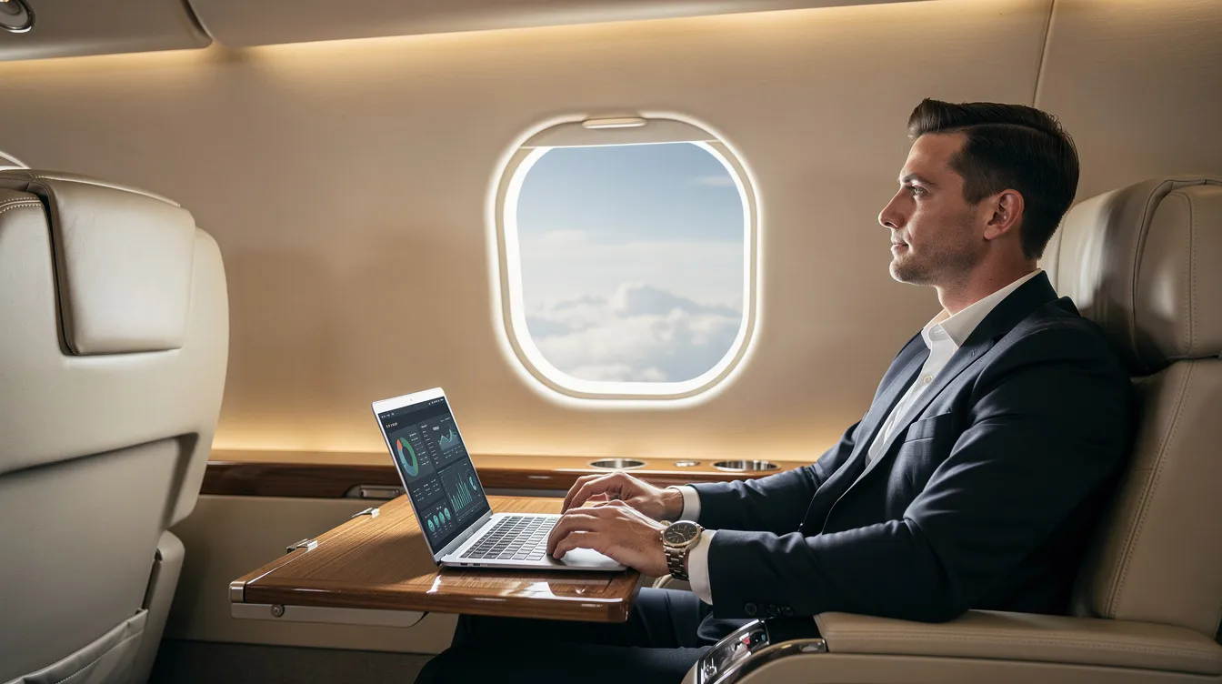 A business traveler is gazing out of a private jet window while using an open laptop, showcasing the convenience of in-flight connectivity. This image highlights the modern amenities of private jets, including reliable wifi access for private jet passengers to stay connected during their journey.