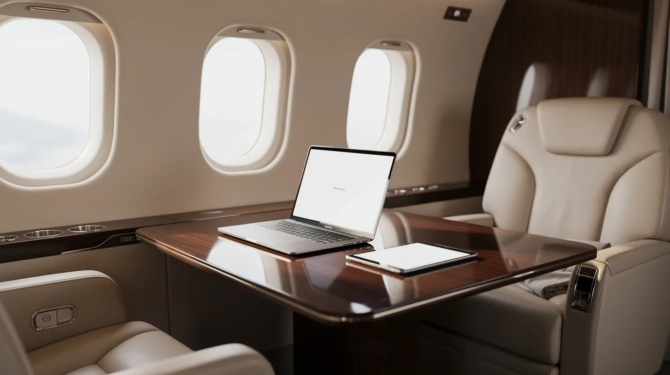 The image features a serene private jet cabin, showcasing a polished table equipped with a laptop and tablet, ideal for private jet travelers seeking in-flight connectivity. The luxurious setting highlights the convenience of private jet wifi, allowing passengers to stay connected during their journey.